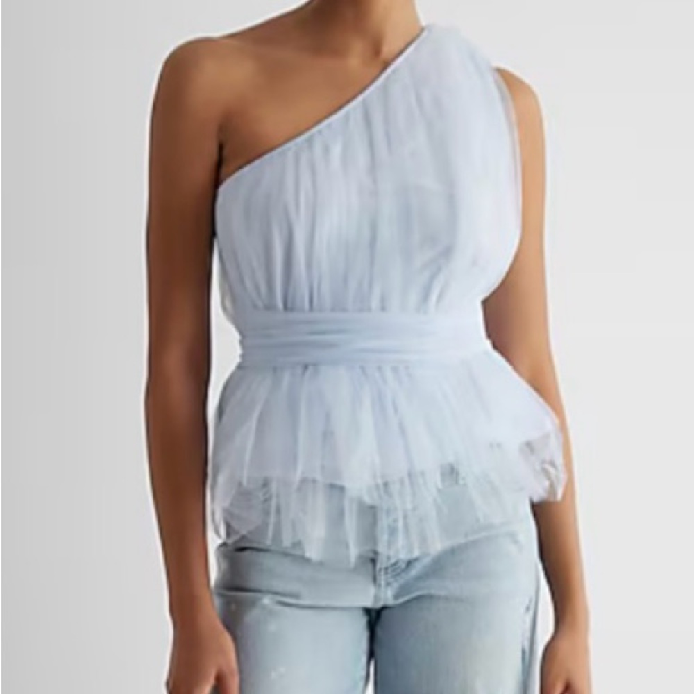 EXPRESS Light Blue Tulle One Shoulder Top Elegant NWT XS